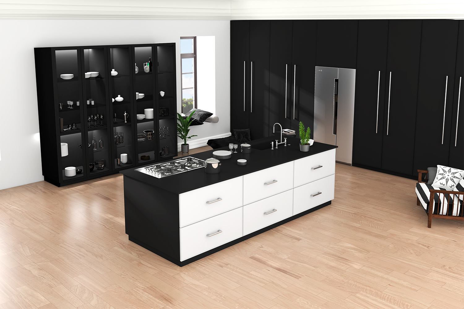 Cocina con isla blanca y negra